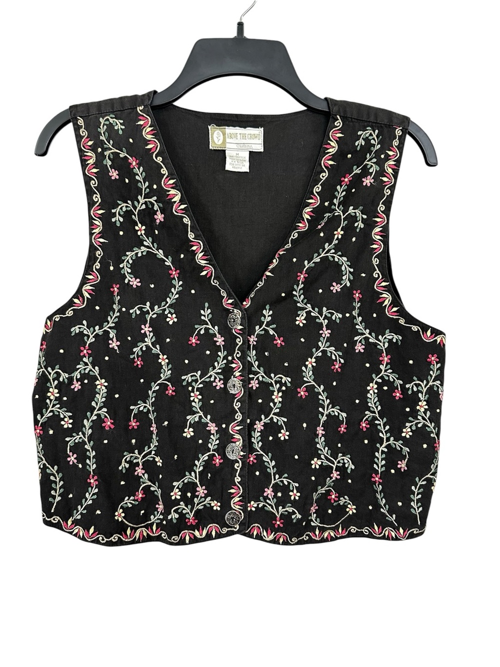 VTG Vest Floral Embroidered Above The Crowd Black Multicolor Cotton Size Medium